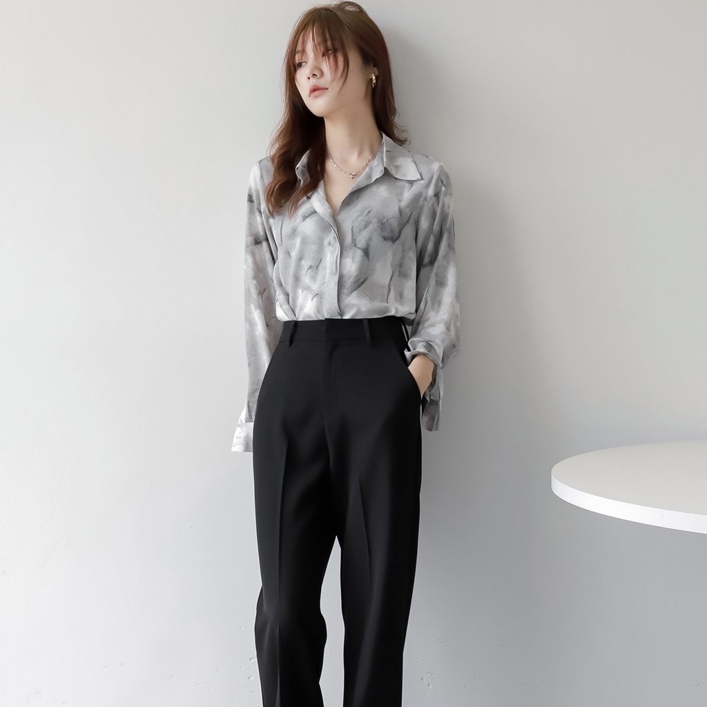 Áo Sơ Mi BH Tay Dài Vải satin In Họa Tiết Phong Cách Hàn Quốc Cho Nữ