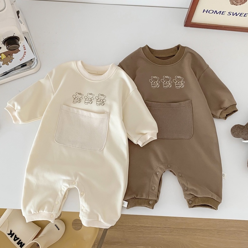 Bộ Áo Liền Quần Tay Dài In Hình Gấu Nhỏ 2 Màu Thời Trang Thu Đông Cho Bé Trai 0-24 Tháng Tuổi