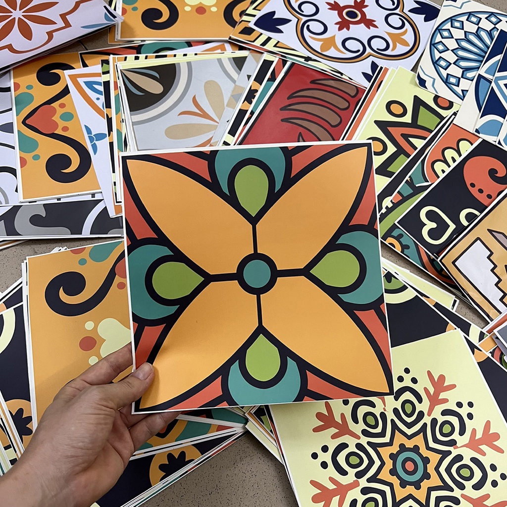 Decal gạch bông ô lẻ hình lục giác hình vuông decor nhà cửa chống nước