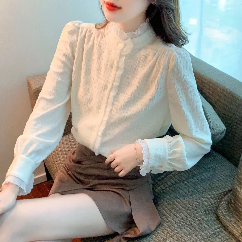 Áo Sơ Mi Tay Dài Cổ Ren Xếp Ly Màu Trơn Thời Trang Thu Đông