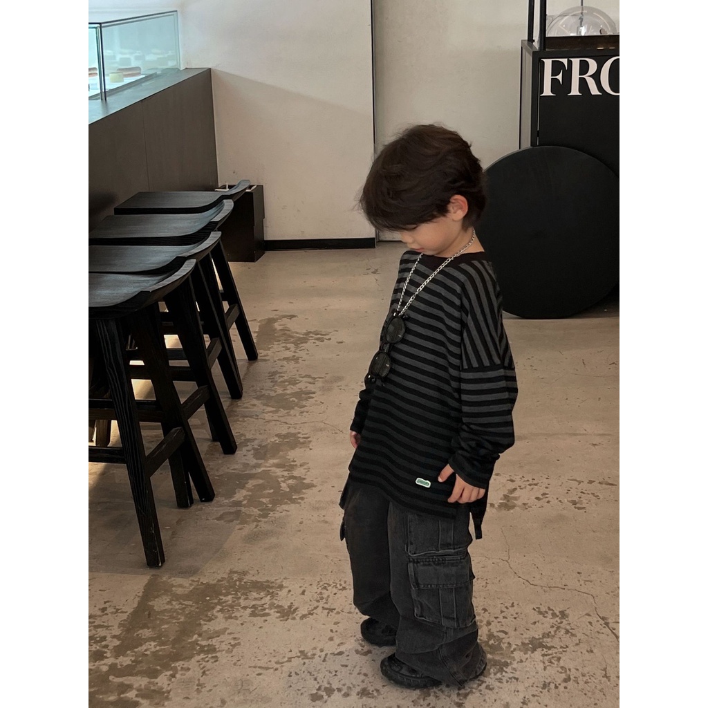 Áo thun dài tay cho bé trai AB784 size 90-140 sọc ngang tông đen xám, thời trang trẻ em thu đông 2023