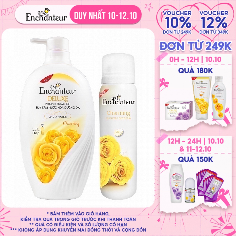 Combo Sữa Tắm Nước Hoa Dưỡng Da Enchanteur Charming 650G + Xịt Khử Mùi Hương Nước Hoa Enchanteur Charming 150ml