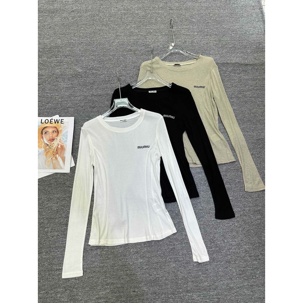 GRQF MIU MIU 23 autumn and winter New round neck embroidered letter bottoming shirt for women fashion all-match casual slim T-shirt for women