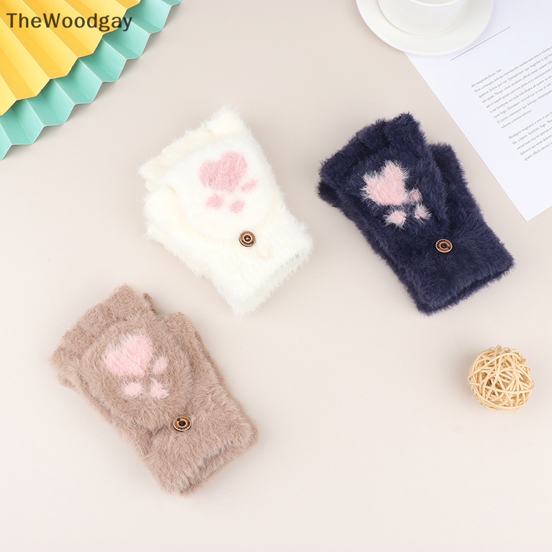 1 Đôi Găng Tay Lông Mềm Hở Ngón Giữ Ấm Mùa Đông Hình Bàn Chân Mèo Thời Trang Cho Nữ