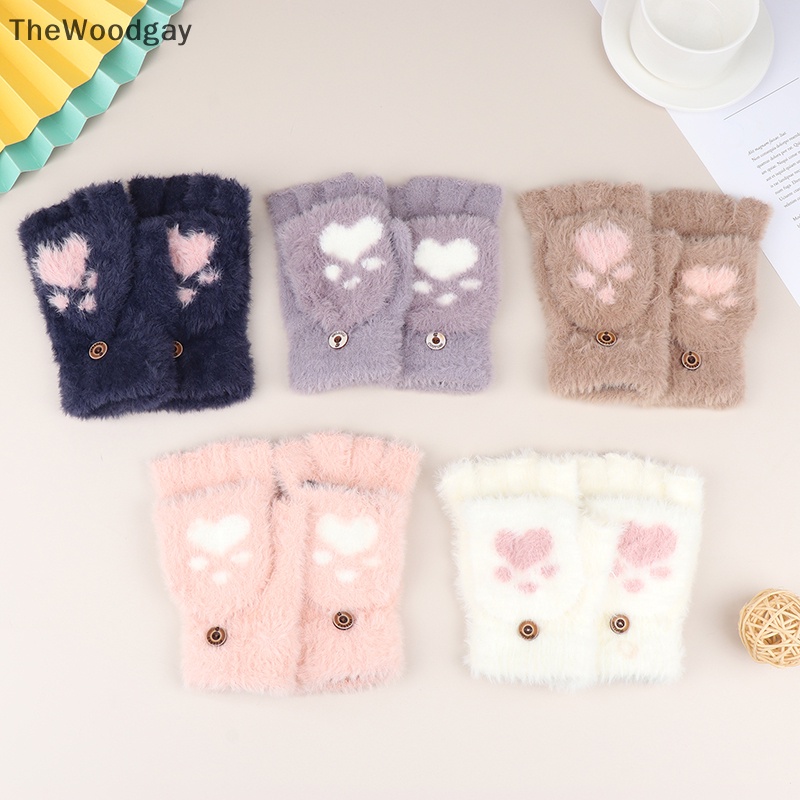 1 Đôi Găng Tay Lông Mềm Hở Ngón Giữ Ấm Mùa Đông Hình Bàn Chân Mèo Thời Trang Cho Nữ
