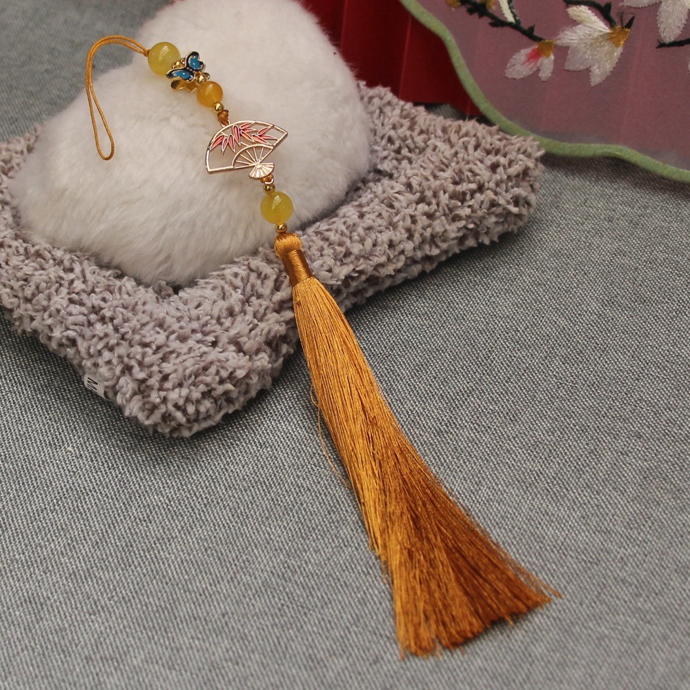 Quạt Treo Tai 15cm Mạ Vàng Hình Bướm Tua Rua Phong Cách hanfu Cổ Điển Trang Trí Điện Thoại Di Động suizi qipao