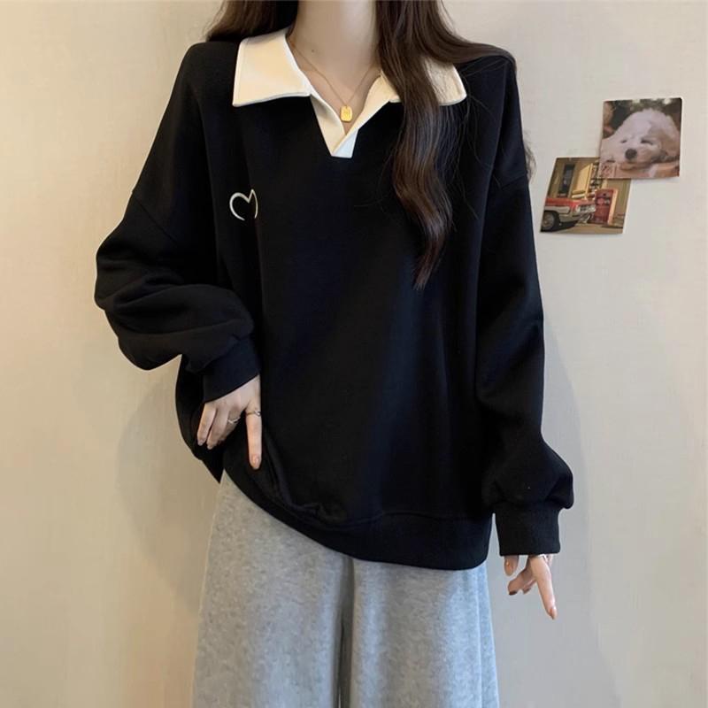 Áo Sweater Cổ Polo Dáng Rộng Màu Sắc Tương Phản Thời Trang Mùa Thu Cho Nữ