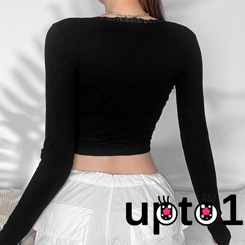 Áo Croptop Tay Dài Viền Ren In Chữ Thời Trang Cho Nữ