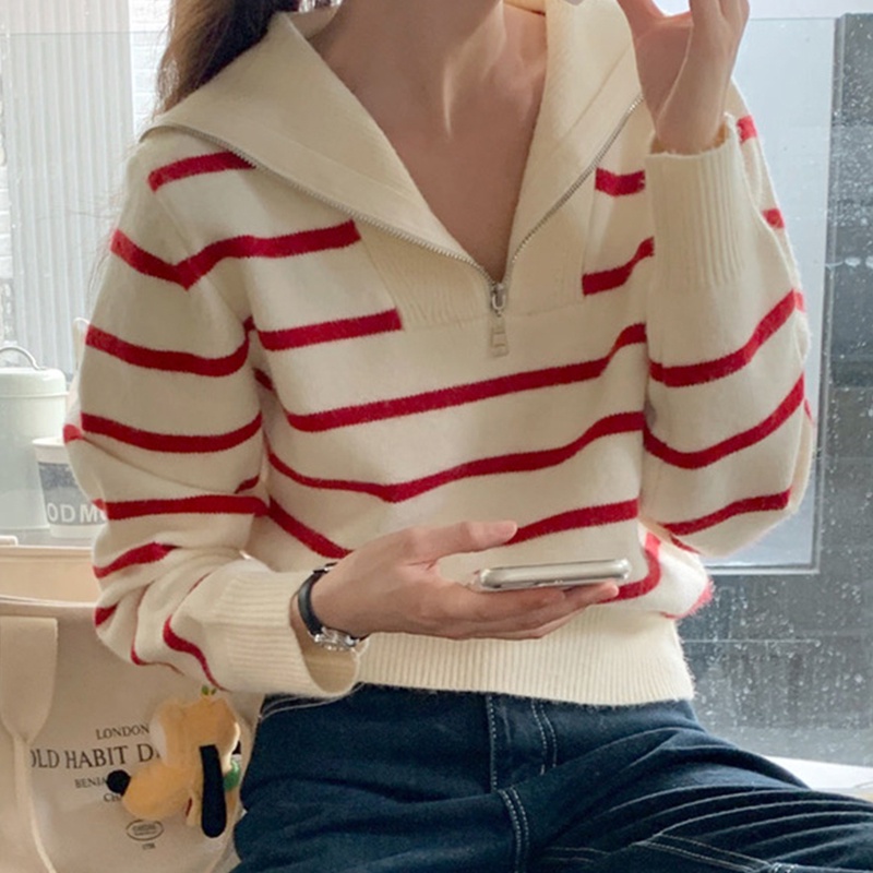 Áo sweater Dệt Kim Tay Dài Dáng Rộng Kẻ Sọc Màu Tương Phản Dễ Thương 6836