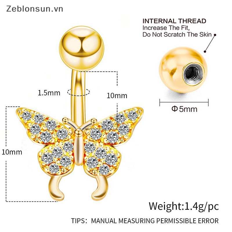 Khuyên Rốn Bằng Thép Không Gỉ Đính Đá zircon Hình Bướm Chất Lượng Cao Quyến Rũ