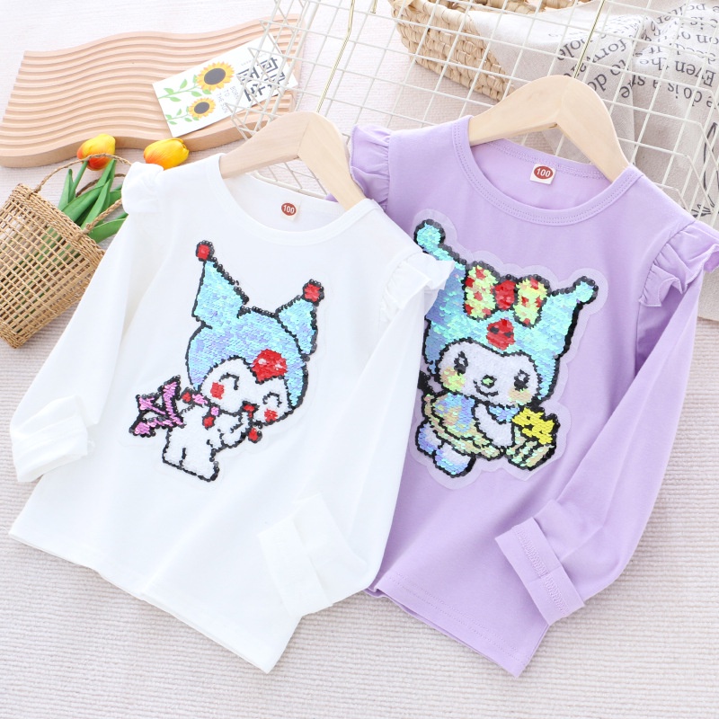 Áo Thun cotton Tay Dài Đính Kim Sa Thay Đổi Màu Sắc Họa Tiết Hoạt Hình Dành Cho Bé Gái