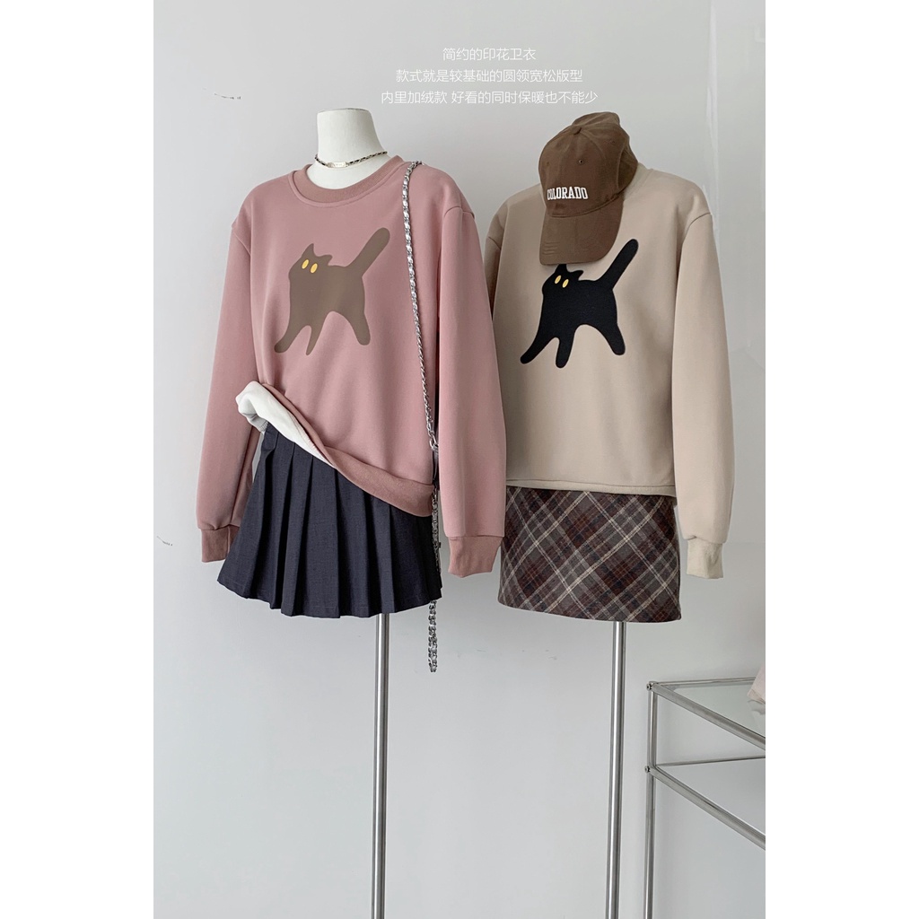 Áo sweater Dày Tay Dài Dáng Rộng In Hoạt Hình Mèo Dễ Thương 1024