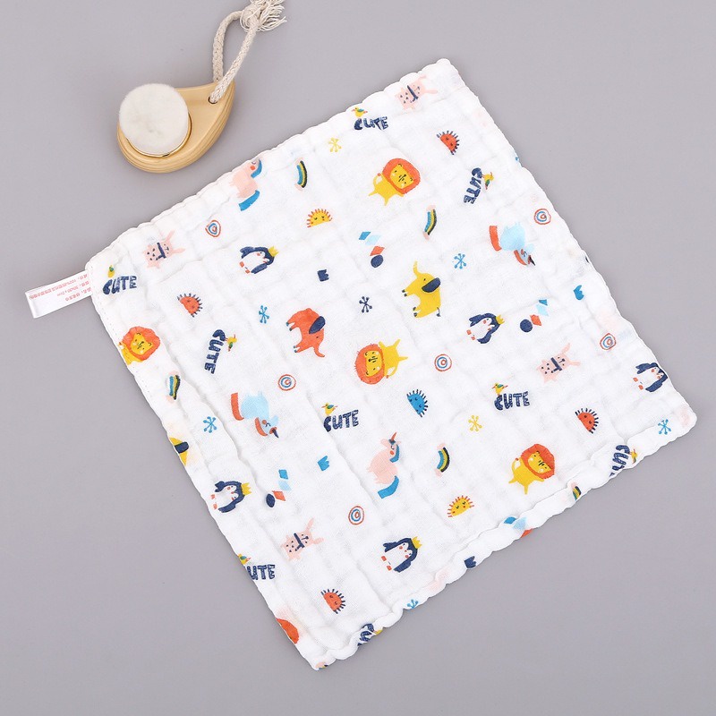 Six Khăn cotton Vuông Màu Trơn Hai Lớp Mật Độ Cao Khăn Lau Mặt Em Bé Hoạt Hình Vải Gạc In Hình Hoạt Hình Nhỏ