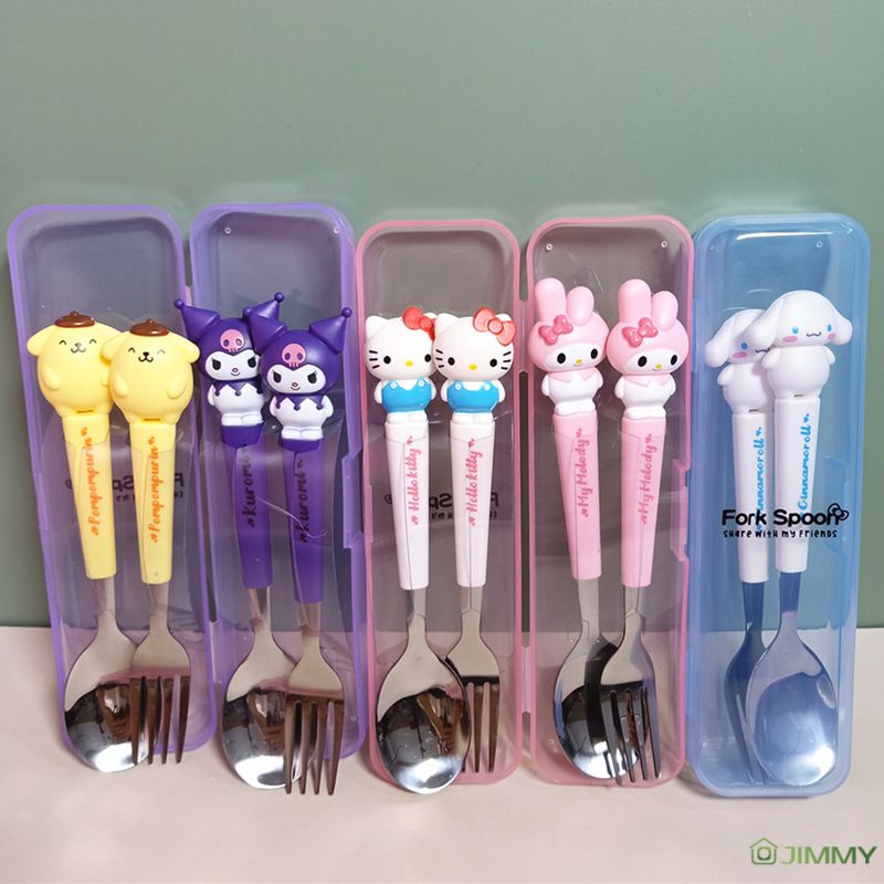 Sanrio Bộ Đồ Ăn Inox Hoạt Hình Kuromi Hello Kitty Quế Muỗng Nĩa Với Bộ Đồ Ăn Hộp Di Động Dao Kéo Trẻ Em Quà Tặng