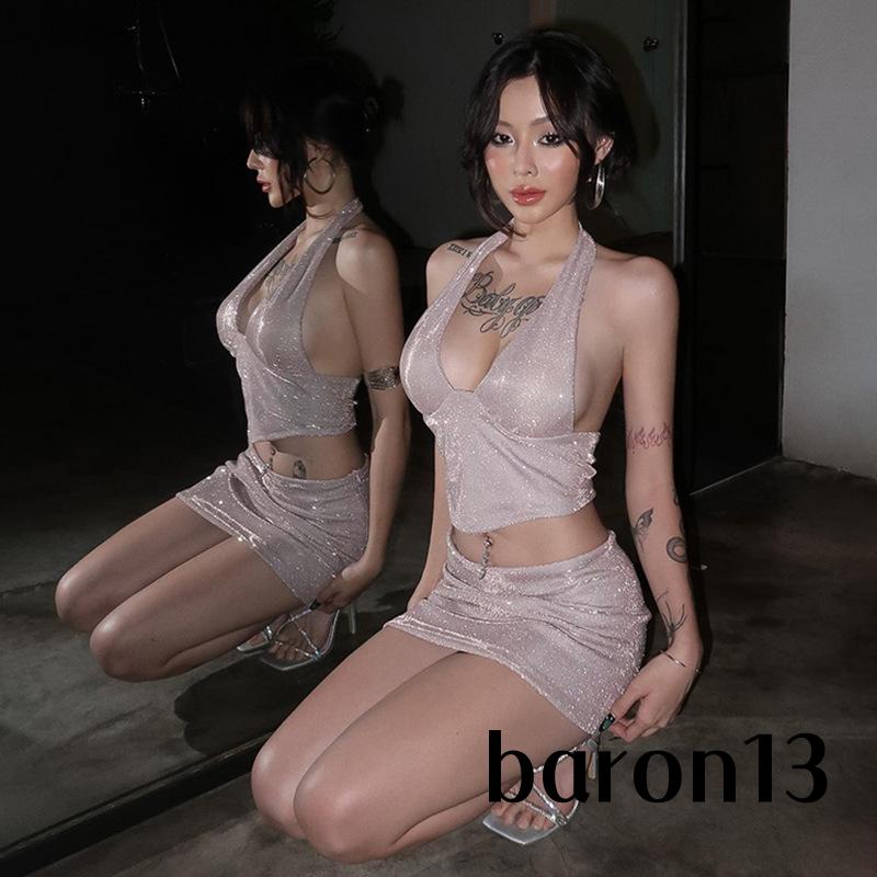 Xo8k-bộ Áo Sát Nách Hở Lưng Sáng Bóng + Chân Váy mini Ôm Dáng Mùa Hè Cho Nữ