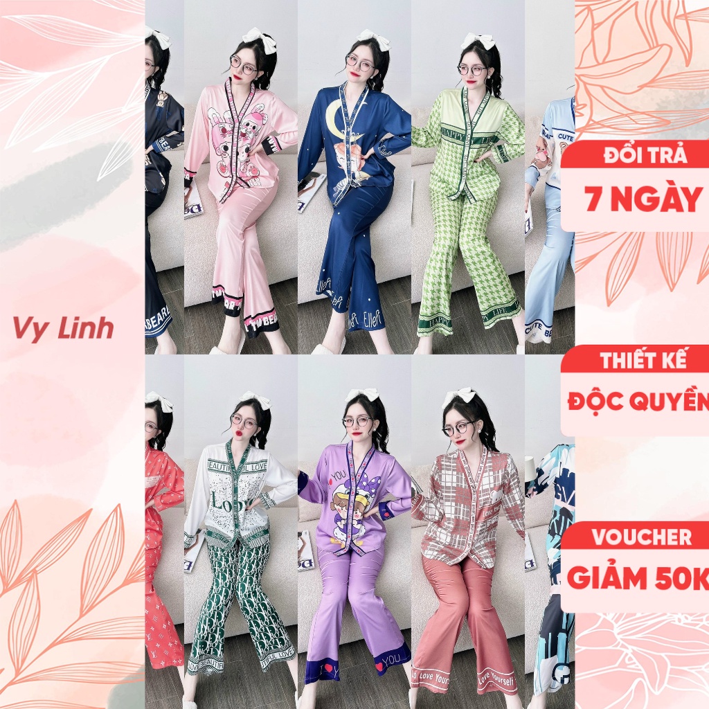 Bộ đồ ngủ cổ V Vy Linh tay dài chất liệu lụa latin thoáng mát, thấm hút mồ hôi tốt không bai nhão chống nhăn S1081