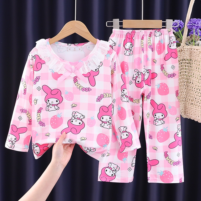 Bộ Đồ Ngủ Kuromi Hello Kitty Tay Dài In Hình Xinh Xắn Pijama Cho Bé Gái