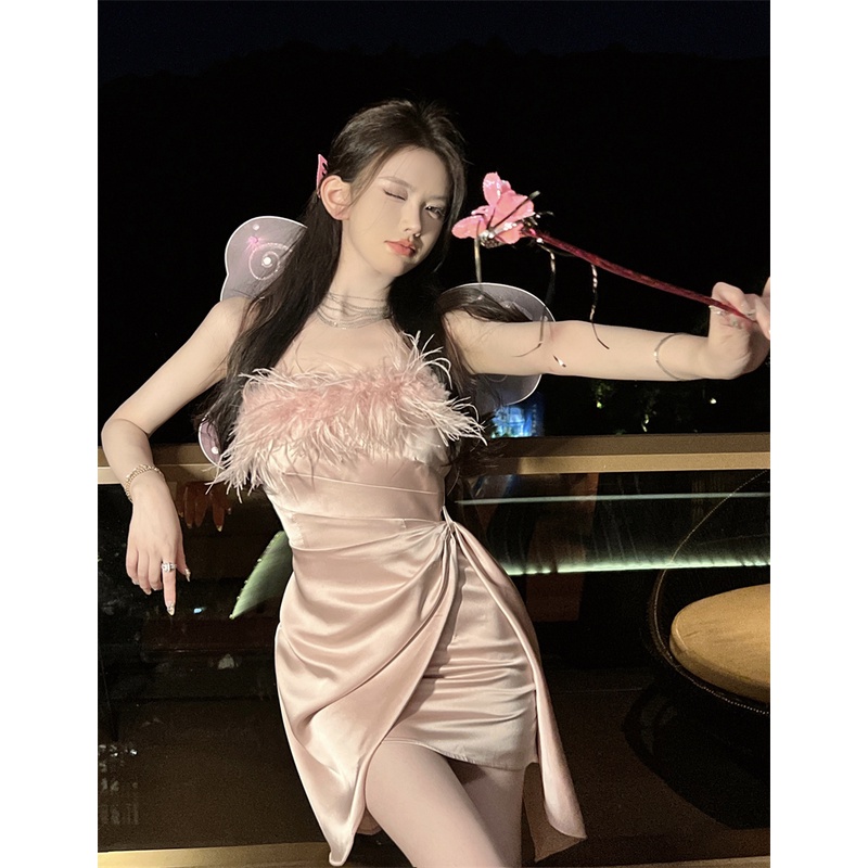 Đầm satin Một Dây Hở Vai Dáng Ôm Kiểu Hàn Quốc Thời Trang Cho Bạn Gái
