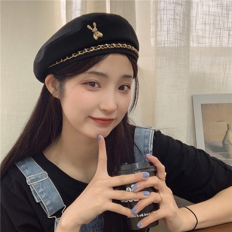 Mũ Beret Phối Dây Xích Phong Cách Thời Trang Thu Đông Hàn Quốc Cho Nữ