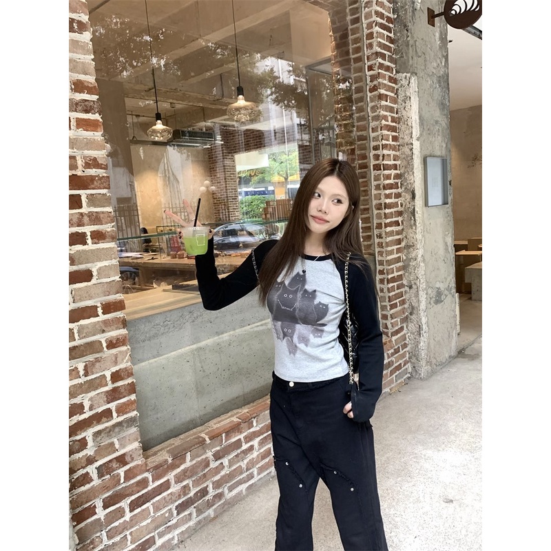 Áo Thun Tay Dài Dáng Ôm In Hình Mèo raglan Màu Sắc Tương Phản Thời Trang Mùa Thu Cho Nữ