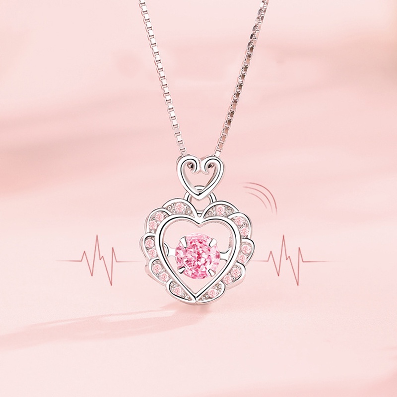 Vòng cổ Mạ Bạc 925 Mặt Trái Tim Đính Đá zircon Hồng Thời Trang