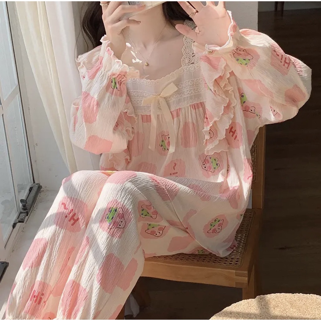 Yuyureal Bộ Đồ Ngủ nữ mùa đông Dài Tay Pijama Dễ Thương Phối Ren Dáng Rộng Phong Cách Công Chúa