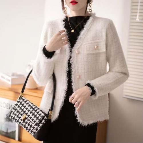 Áo Khoác Len Giả Hai Mặt Có Mũ Trùm Dáng Rộng Họa Tiết Sọc Caro Thời Trang Thu Đông Hàng Mới 2023