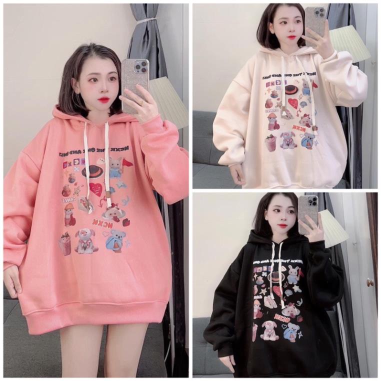 Áo Hoodie In Hình Gấu Kem Xinh Áo Nỉ Bông Mũ 2 Lớp Form Rộng