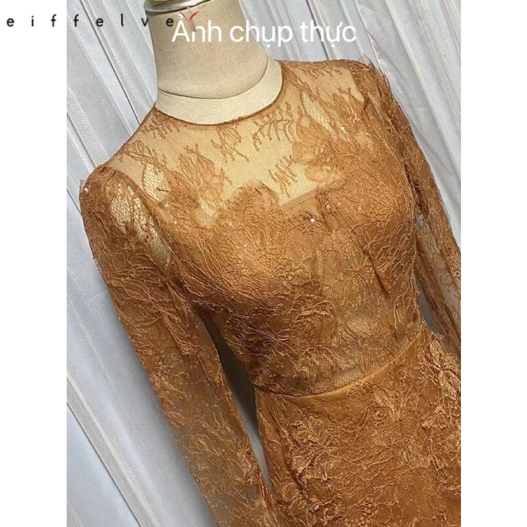 DĐầm tay dài phối ren ôm eo phong cách vintage thời trang cho nữ