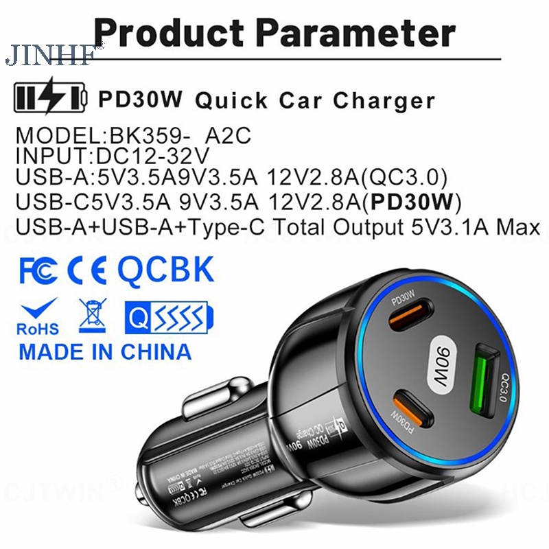 Jinhf Củ Sạc Nhanh 3 Trong 1 90w usb type c 3.0 1usb + 2 Cổng Sạc Điện Thoại Cho Xe Hơi