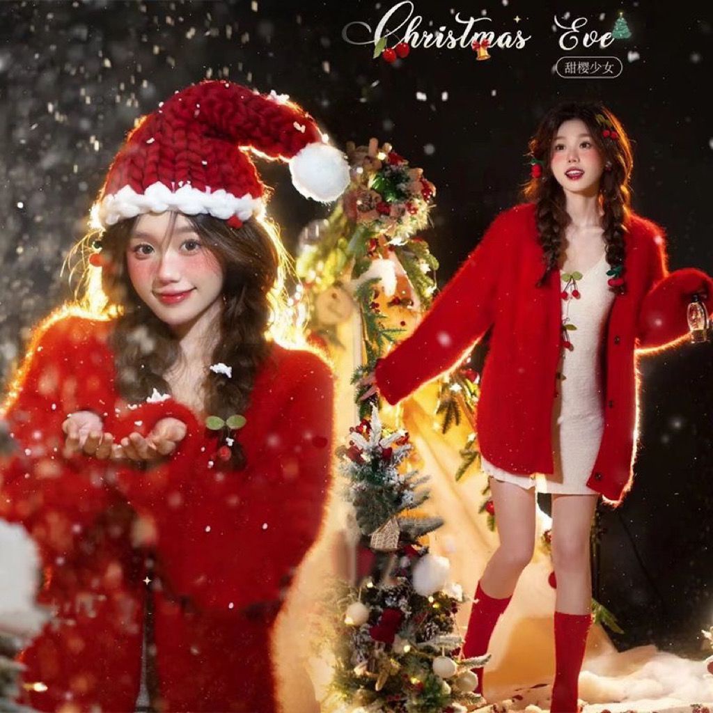 Áo Khoác cardigan Dệt Kim Màu Đỏ Phong Cách Giáng Sinh Thu Đông Mới Làm Phụ Kiện Chụp Ảnh Cho Bé Gái