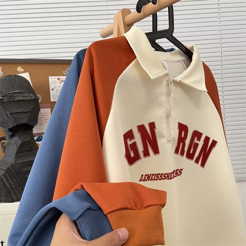 Áo Thun polo Tay Dài Dáng Rộng Có Khóa Kéo Màu Sắc Tương Phản Phong Cách Hàn Quốc Thời Trang Cho Nam