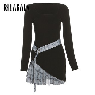 RelaGala Nữ Mới Màu Trơn Ôm Cao Cấp Thời Trang Đường Phố Cổ Vuông Dài Tay