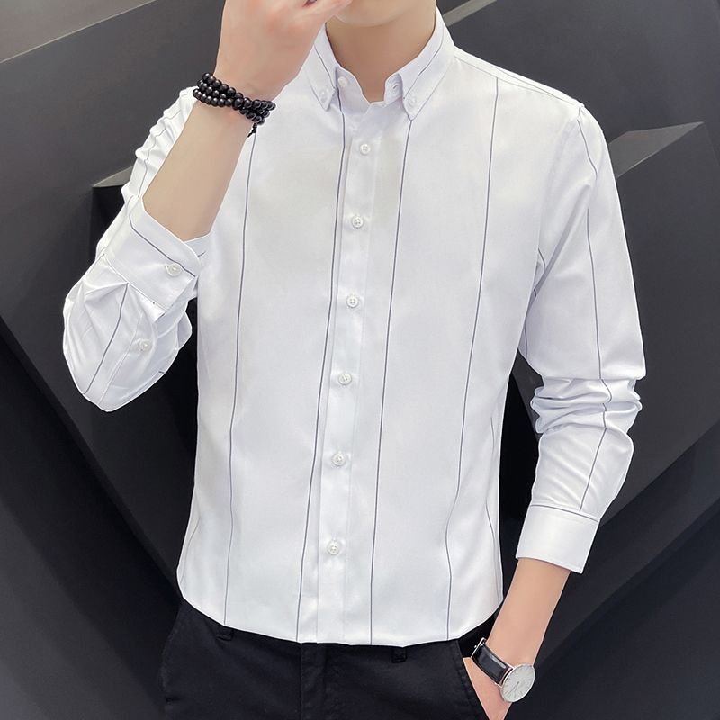 Áo Sơ Mi Tay Dài Form Ôm Họa Tiết Kẻ Sọc Phong Cách Hàn Quốc Cho Nam