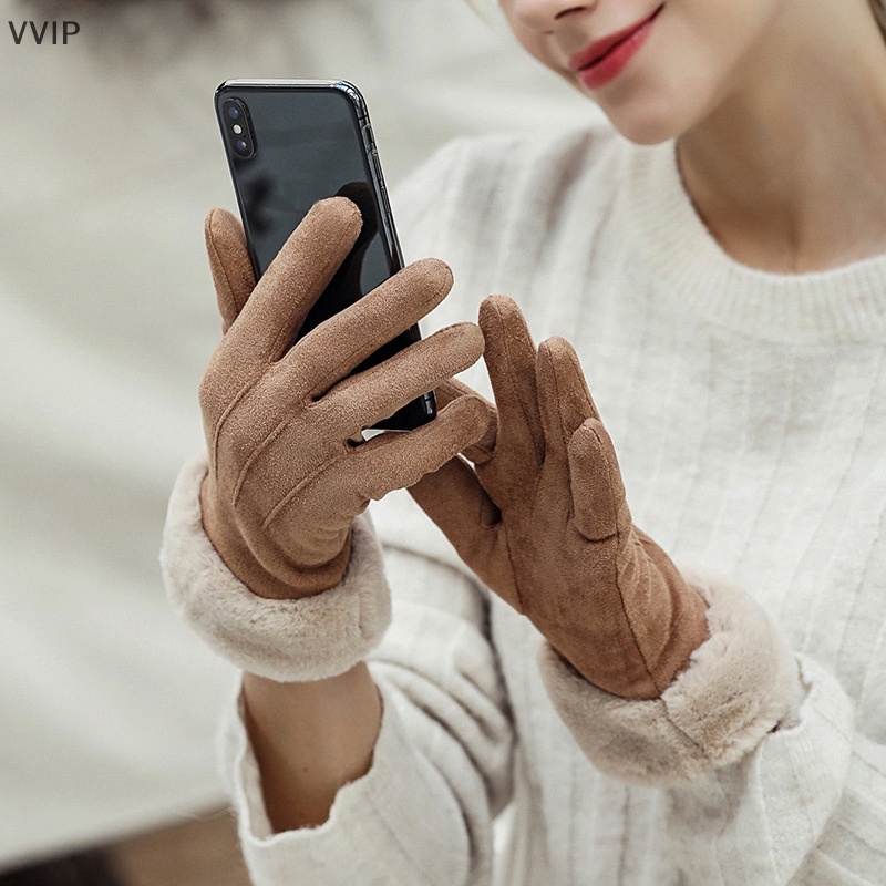 Găng Tay Da Lộn Lót Nhung Dày Dặn Giữ Ấm Mùa Đông Có Thể Chạm Màn Hình Cảm Ứng