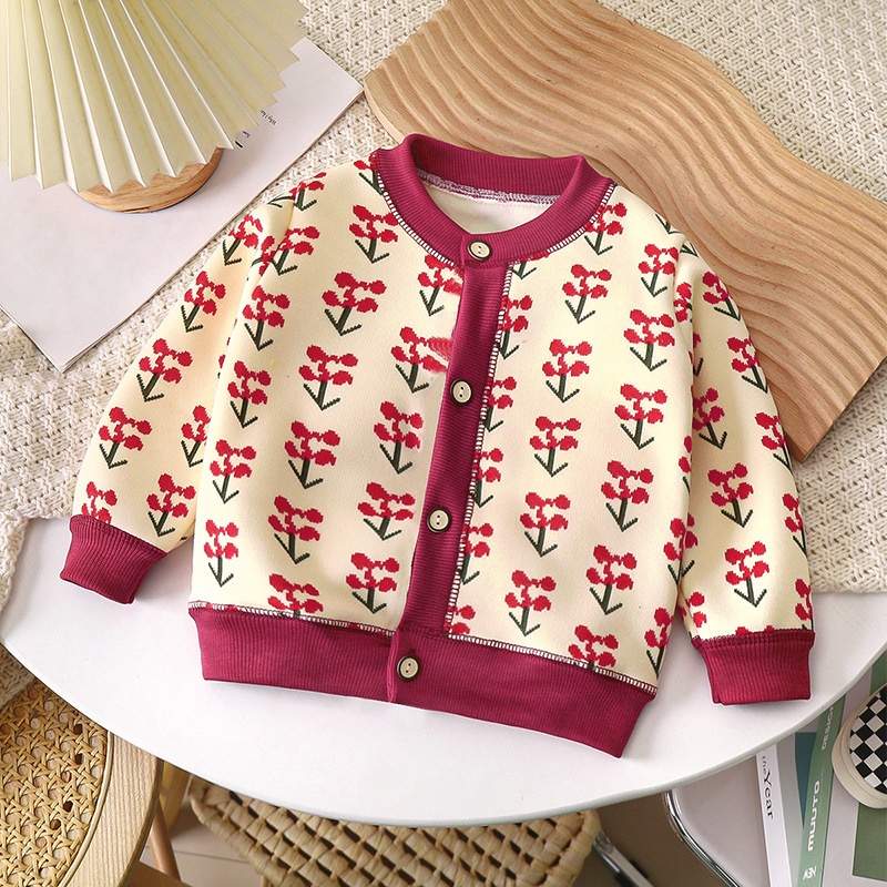 【YAOEENH】Áo Khoác cardigan Dệt Kim Lót Lông Cừu Dày Dặn Ấm Áp Dễ Phối Đồ Cho Bé 80-140cm