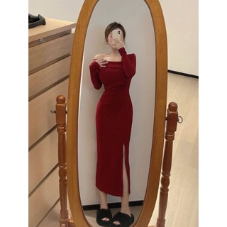 Sugemiusi Đầm Đỏ Trễ Vai Xẻ Tà Cao Cấp Ôm Dáng Phong Cách Mới Mùa Xuân Thu Cho Nữ