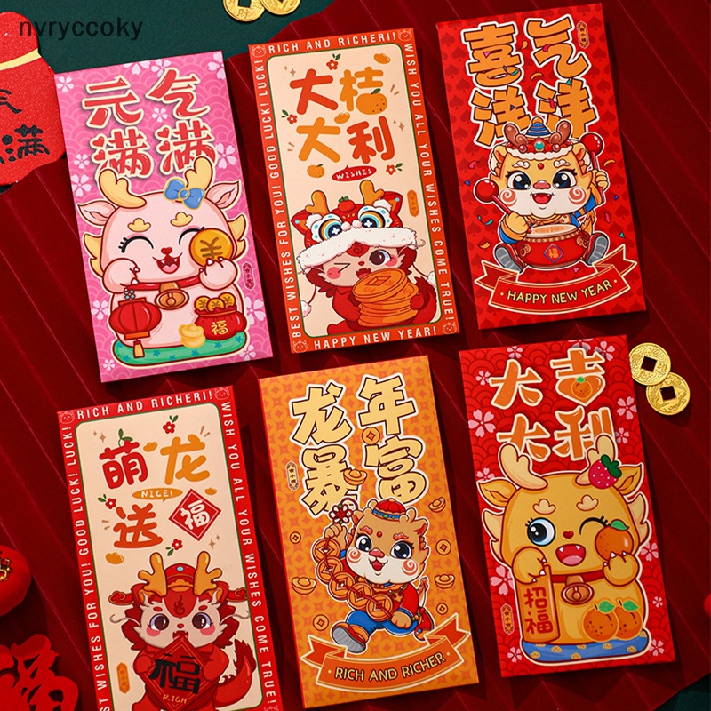 Set 6 Bao Lì Xì Năm Mới 2024 Họa Tiết Rồng May Mắn Màu Đỏ Phong Cách Trung Hoa