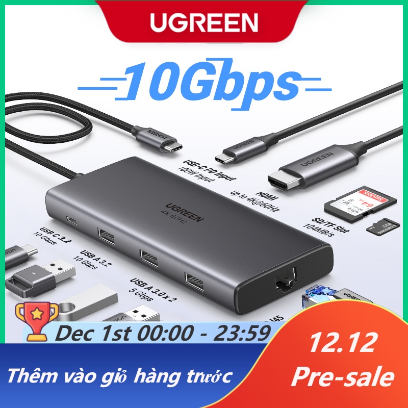 Hub UGREEN 10Gbps USB C 3.0 4K60Hz Type C sang HDMI RJ45 Ethernet PD100W thích hợp cho MacBook iPad Huawei Sumsang PC