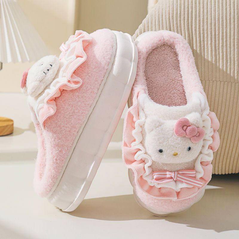 Hellokitty Dép cotton Lót Lông Cừu Dày Dặn Ấm Áp Chống Trượt Hình hello kitty Cho Nữ Vào Mùa Đông