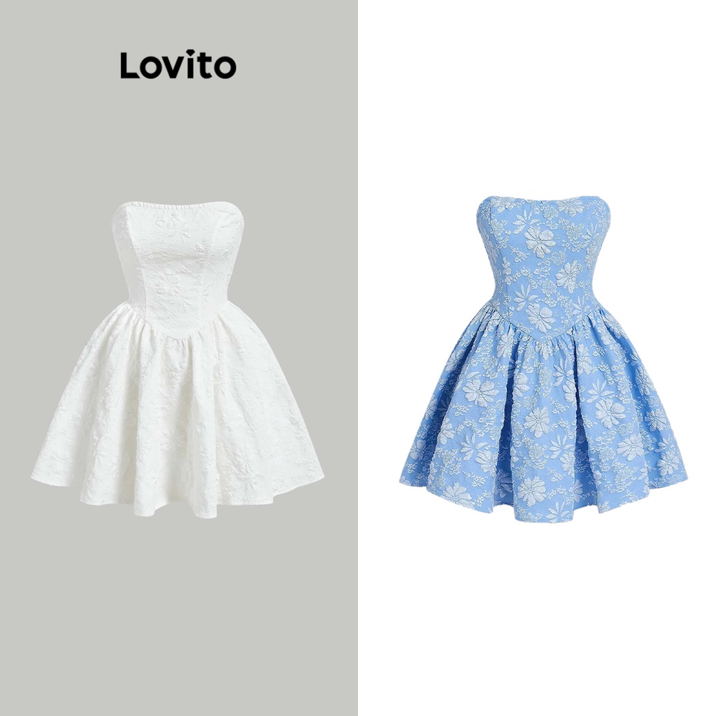 Lovito Váy dự tiệc trơn đơn giản Váy vải họa tiết cho nữ L70AD095 (Trắng/Xanh)