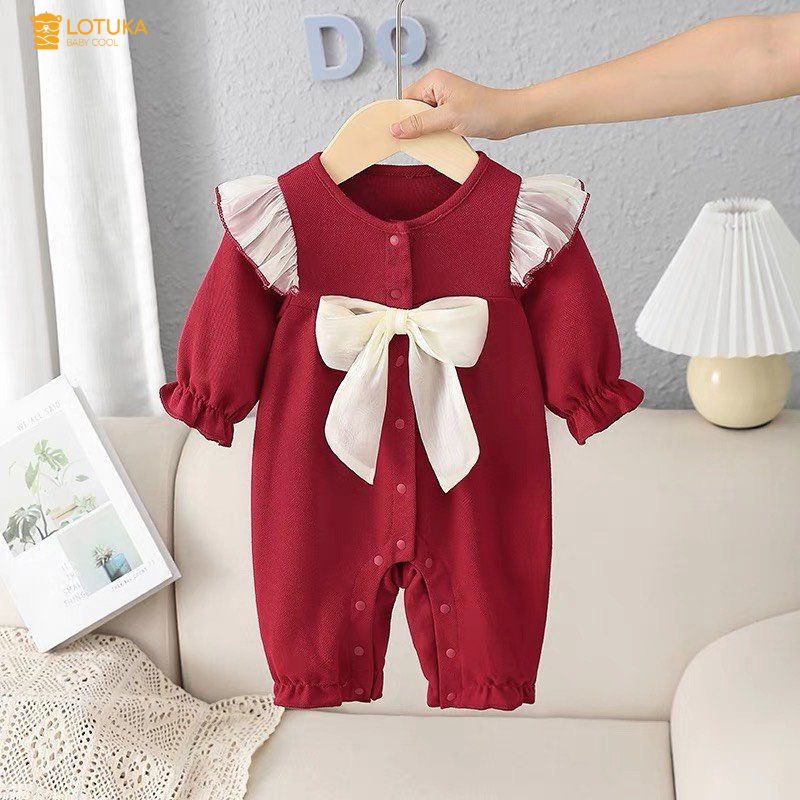 Body Yếm Tiểu Thư Đính Nơ Lót Lông Nhung Ấm Áp Cho Bé, Bodysuit LOTUKA Cho Bé Gái, Quần Áo Trẻ Em Size 3-12kg