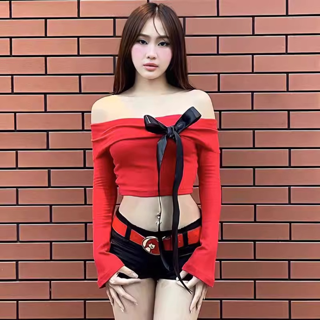 Áo Kiểu Trễ Vai Tay Dài PINKSTORE29 Phối Nơ To Xinh Xắn Dễ Thương A5988