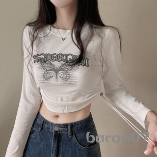 Áo thun nữ dài tay cổ tròn in chữ bướm Áo Crop Top dạo phố