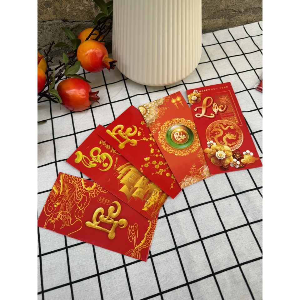 Set 10 bao lì xì đỏ mừng tuổi năm mới hoạt hình chibi, tài lộc đón xuân giáp thìn năm 2024