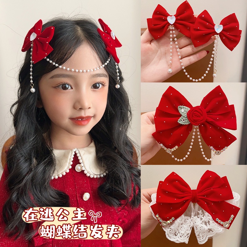 Kẹp Tóc Nơ Tua Rua Đỏ Phong Cách Trung Hoa Dễ Thương Thời Trang Cho Bé Gái