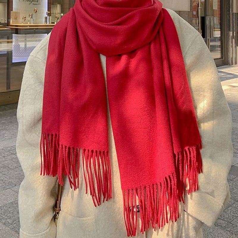 Khăn Choàng Len cashmere Dài Màu Đỏ Cổ Điển Thời Trang Thu Đông Cho Nam / Nữ / Khăn Choàng Tua Rua Giáng Sinh Năm Mới / Người Lớn