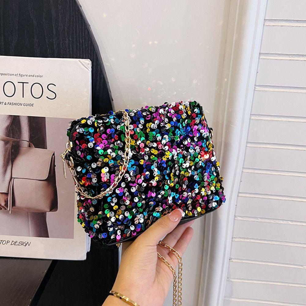 Myrong1hd ❤Túi Xách Đeo Vai Đính Kim Sa Phối Dây Xích Thời Trang Cho Nữ