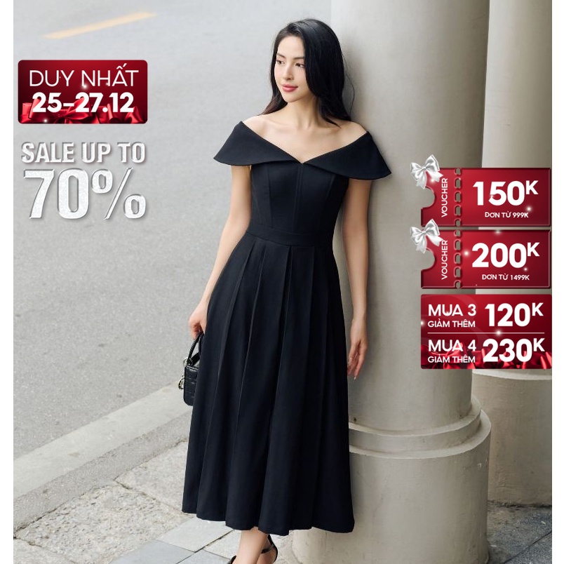 SALE UP TO 50% + VC 200K || JOVEN Đầm Dài Hilary Dáng Trễ Vai Chiết Eo Sang Trọng Thanh Lịch