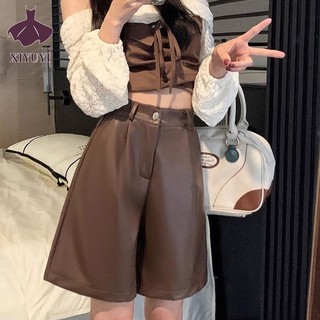 Quần short XIYUYI da PU ống rộng lưng cao thời trang thu đông cho nữ